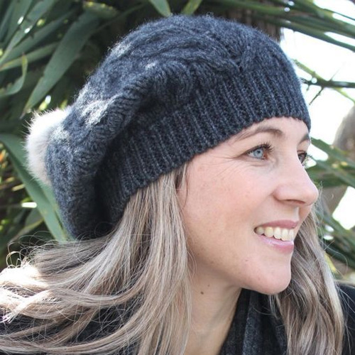 Lothlorian Relaxed Cable Beanie with Rabbit Fur Pom Pom